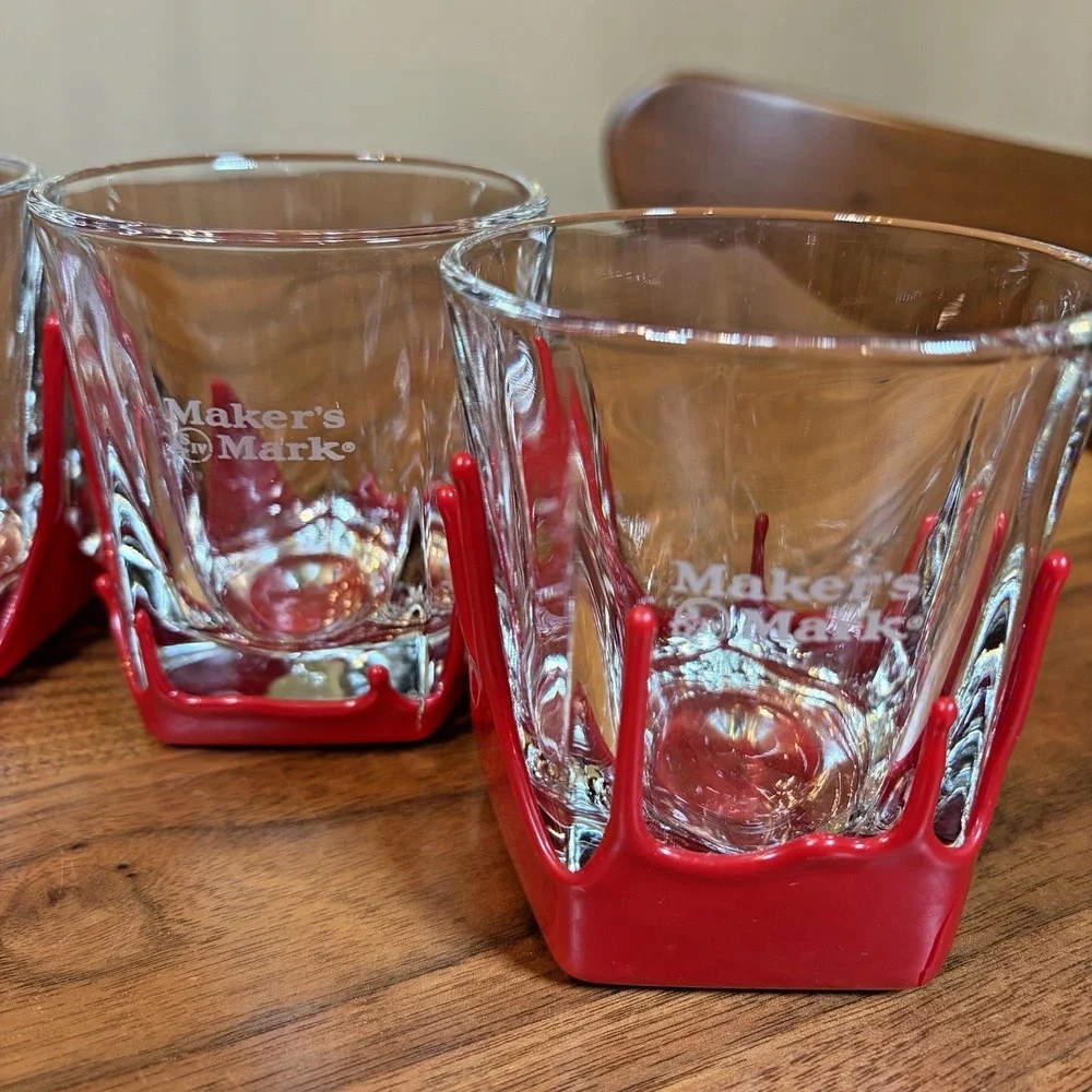 5 Maker's Mark Etched Dipped Red Wax Lowball Glasses Whiskey Barware